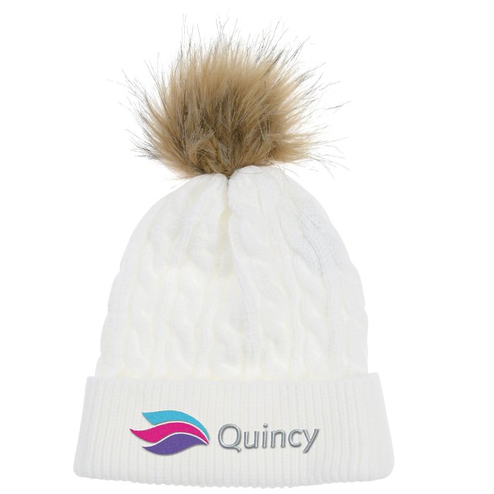 Custom Cable Knit Beanie with Faux Fur Pom Pom